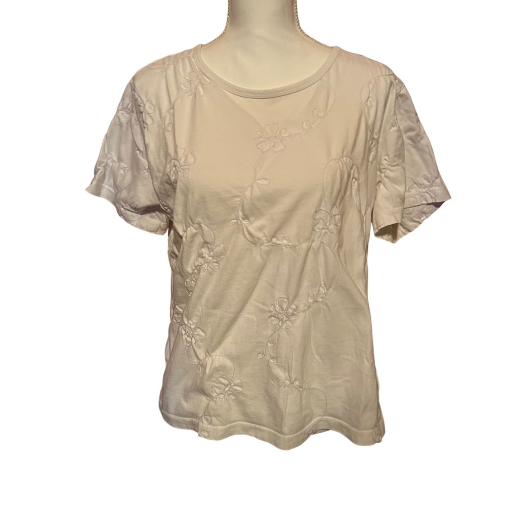 Vintage Blue Embroidered Floral T Shirt Top Cream Short Sleeve Crew Neck Size M